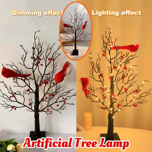 Lighted Mini Birch Tree Light LED Cardinals Christmas Tree Vintage Glowing Tree Light For Table Holiday Home Xmas Decoration