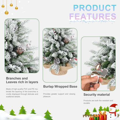 3ft Tabletop Christmas Tree, Snow Flocked Artificial Mini Christmas Tree With 14 Pine Cones & Red Berries, Green
