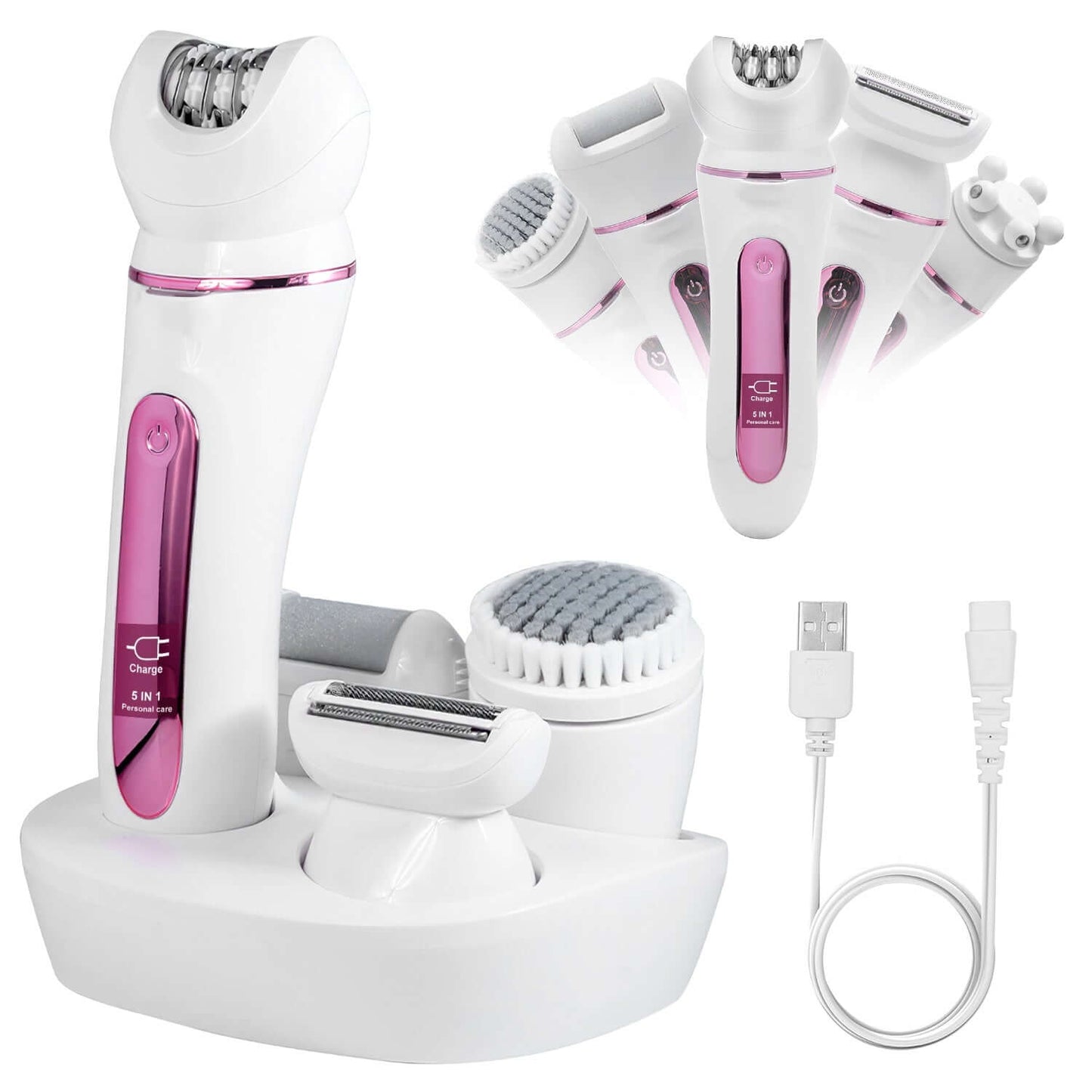 1Pc 5 In 1 Electric Body Epilator Rechargeable Women's Grooming Kit Epilator Shaver Facial Brush Callus Remover 5 Point Massager With LED Light LED Display Charging Base