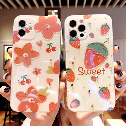 Compatible with Apple , Strawberry Floret Silicone Mobile Phone Anti Drop Case