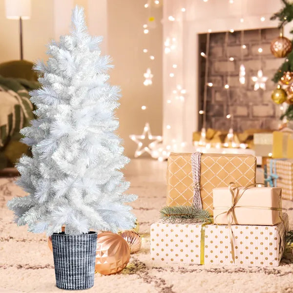 4 FT White Artificial Christmas Tree With Pot Stand, Potted Xmas Pine Tree With 200 Branch Tips For Holiday Party Office Home, White Tree