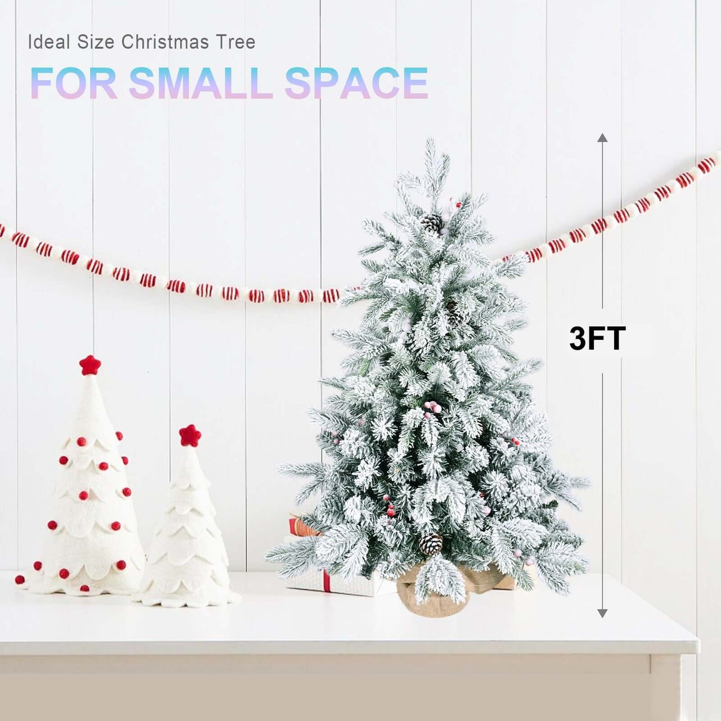 3ft Tabletop Christmas Tree, Snow Flocked Artificial Mini Christmas Tree With 14 Pine Cones & Red Berries, Green