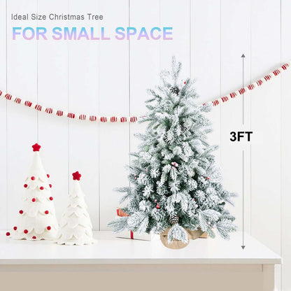 3ft Tabletop Christmas Tree, Snow Flocked Artificial Mini Christmas Tree With 14 Pine Cones & Red Berries, Green