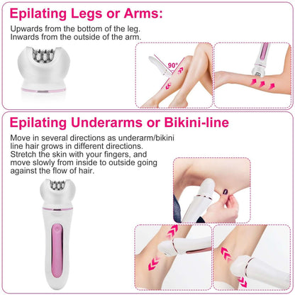 1Pc 5 In 1 Electric Body Epilator Rechargeable Women's Grooming Kit Epilator Shaver Facial Brush Callus Remover 5 Point Massager With LED Light LED Display Charging Base