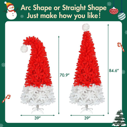 6FT Artificial Christmas Tree With LED Light, Santa's Hat Shape Artificial Whimsical Xmas Tree With 1050 Tip, Curved Xmax Tree