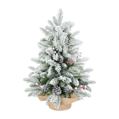 3ft Tabletop Christmas Tree, Snow Flocked Artificial Mini Christmas Tree With 14 Pine Cones & Red Berries, Green