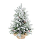 3ft Tabletop Christmas Tree, Snow Flocked Artificial Mini Christmas Tree With 14 Pine Cones & Red Berries, Green